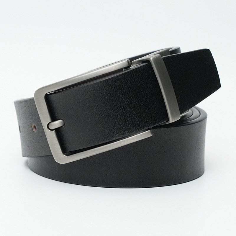 Men Leather Belt Black Matte Gun Rotating Pin Buckle