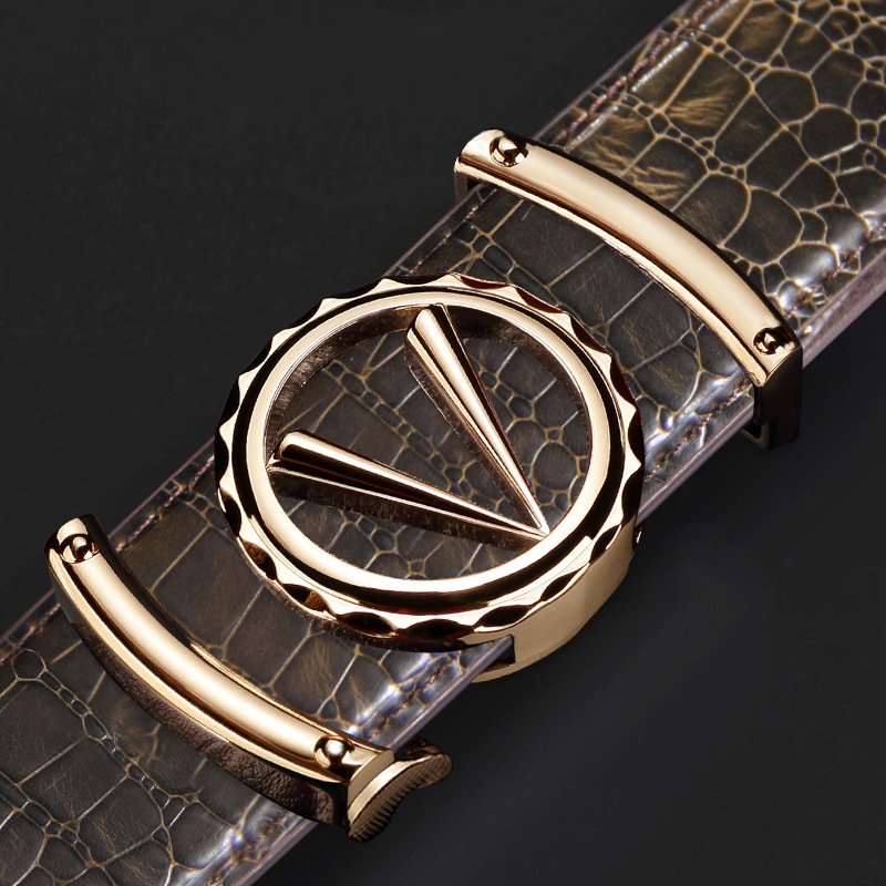 Men Crocodile Leather Belt Curry Gold Buckle Casual