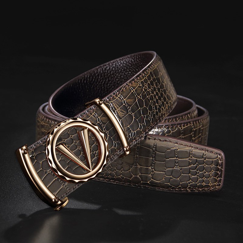 Men Crocodile Leather Belt Curry Gold Buckle Casual
