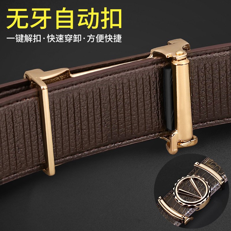 Men Crocodile Leather Belt Curry Gold Buckle Casual